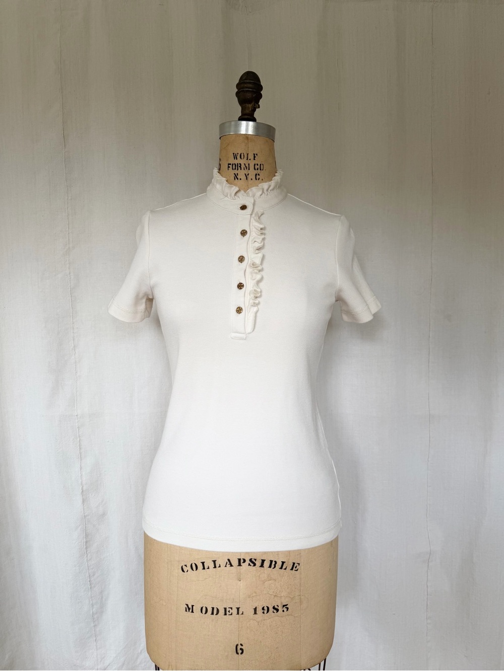 Tory Burch Ivory Ruffle Mock Neck Logo Button Polo Top S/P